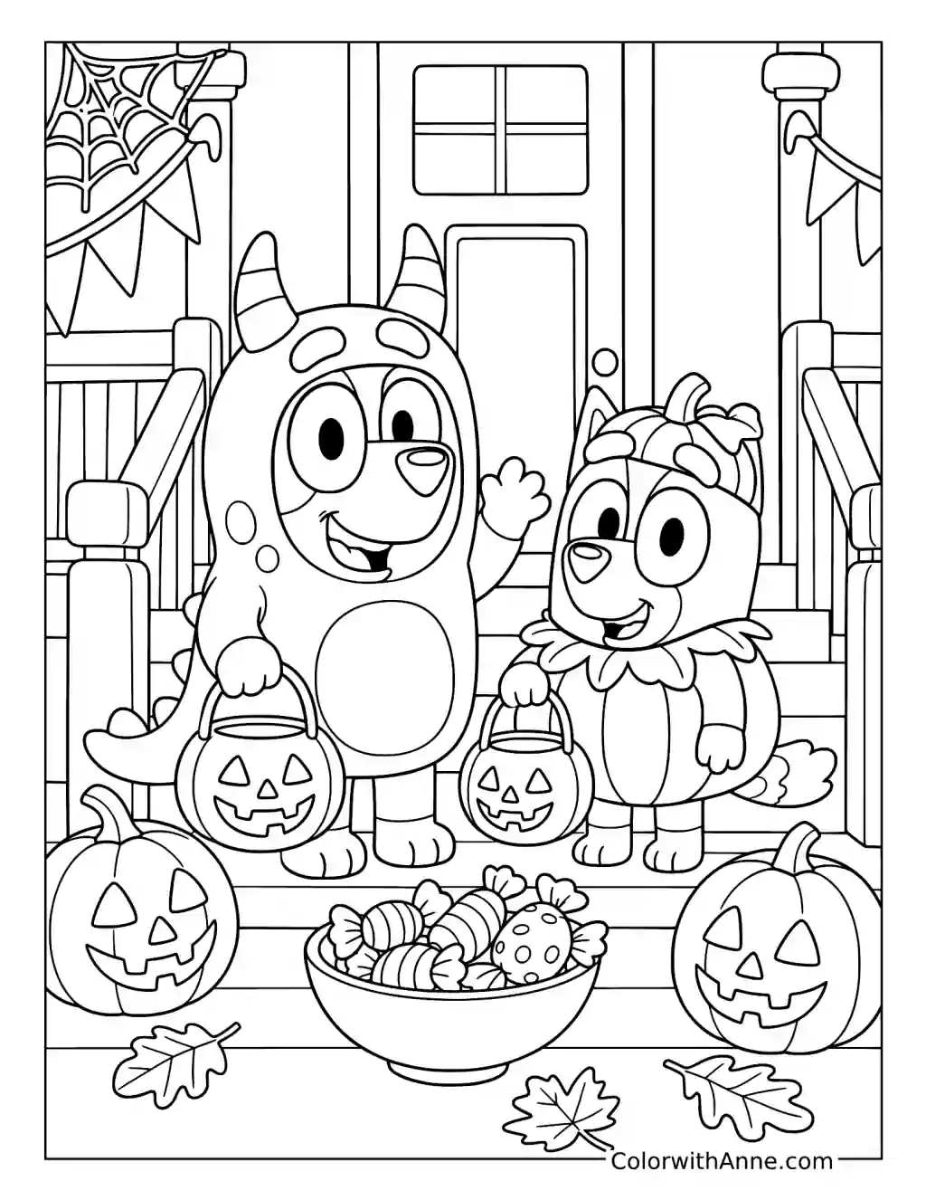 Bluey and Bingo in Monster and Pumpkin Costumes coloring page