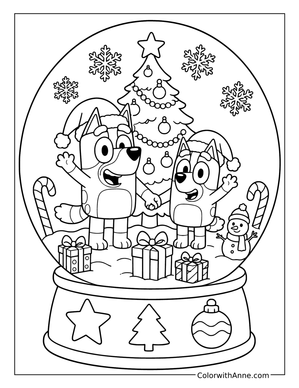 Bluey and Bingo Inside a Christmas Snow Globe coloring page