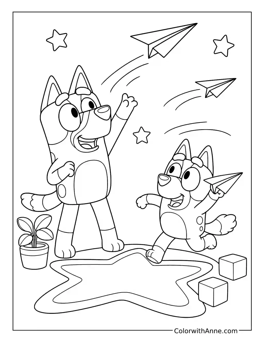 Bluey and Bingo Launching Paper Airplanes coloring page