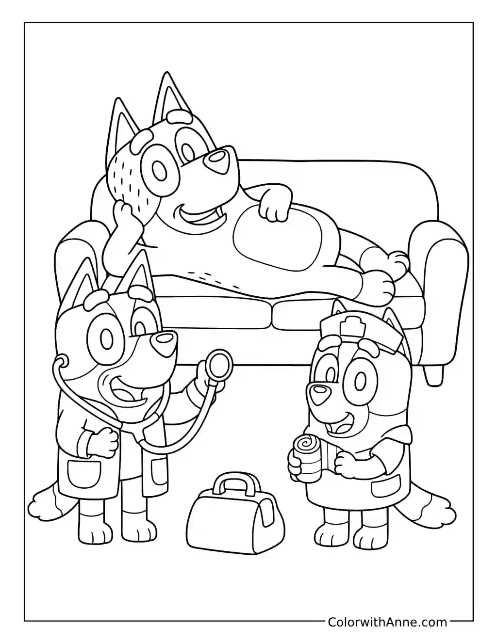 Bluey and Bingo Playing Doctors with Bandit coloring page