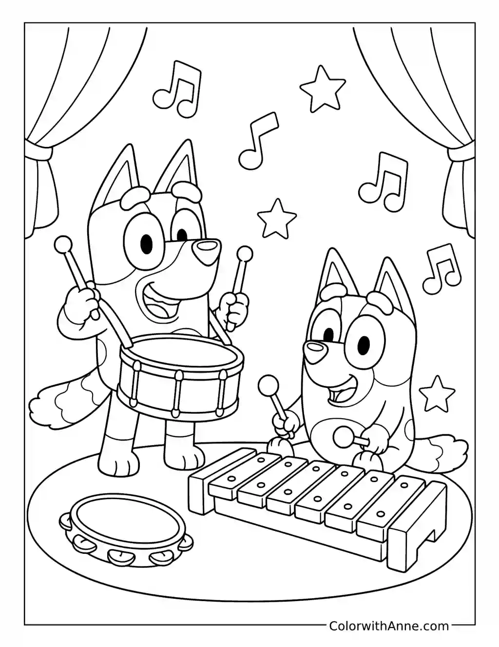 Bluey and Bingo Playing Drum and Xylophone coloring page