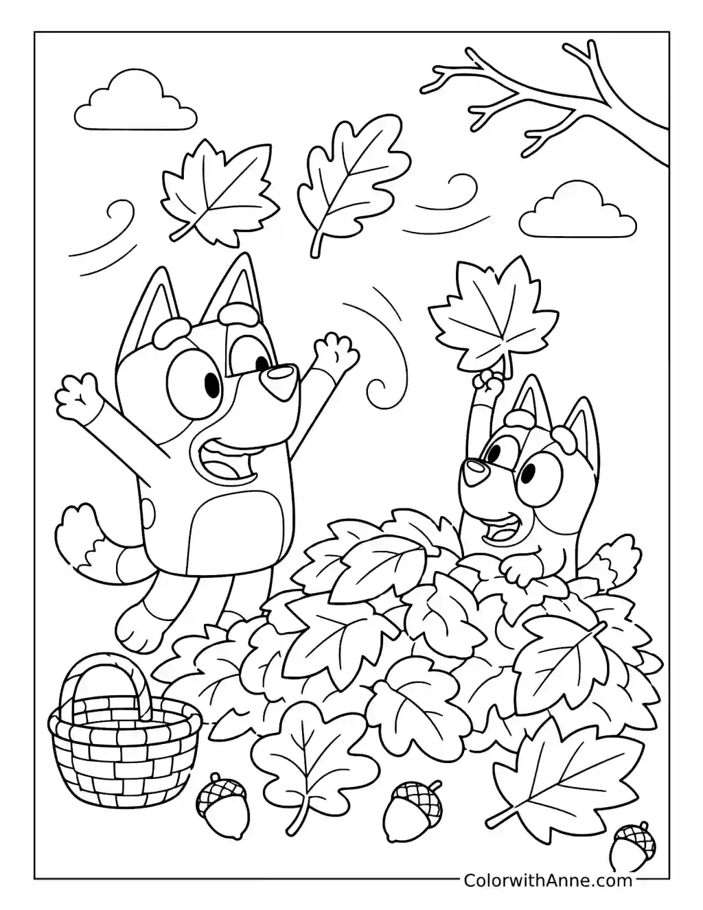 Bluey and Bingo Playing in Autumn Leaves coloring page