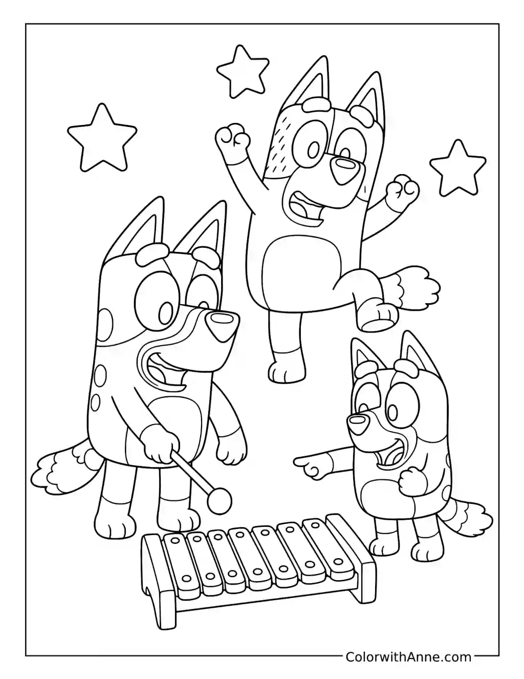 Bluey and Bingo Playing Magic Xylophone with Bandit coloring page