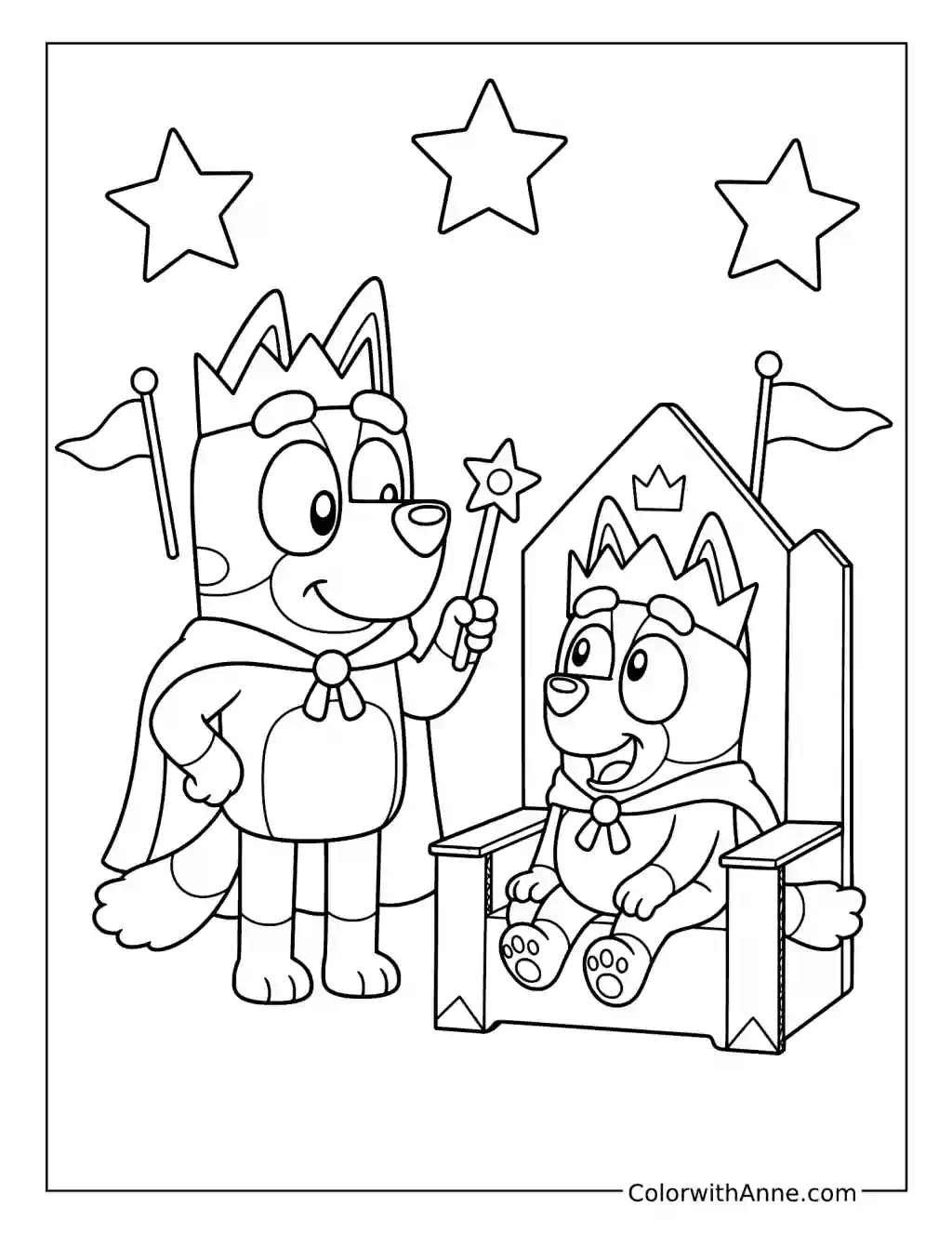 Bluey and Bingo Playing Queens with a Throne coloring page