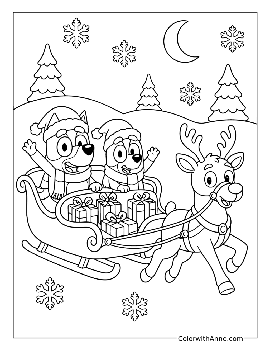 Bluey and Bingo Riding a Reindeer Sleigh coloring page