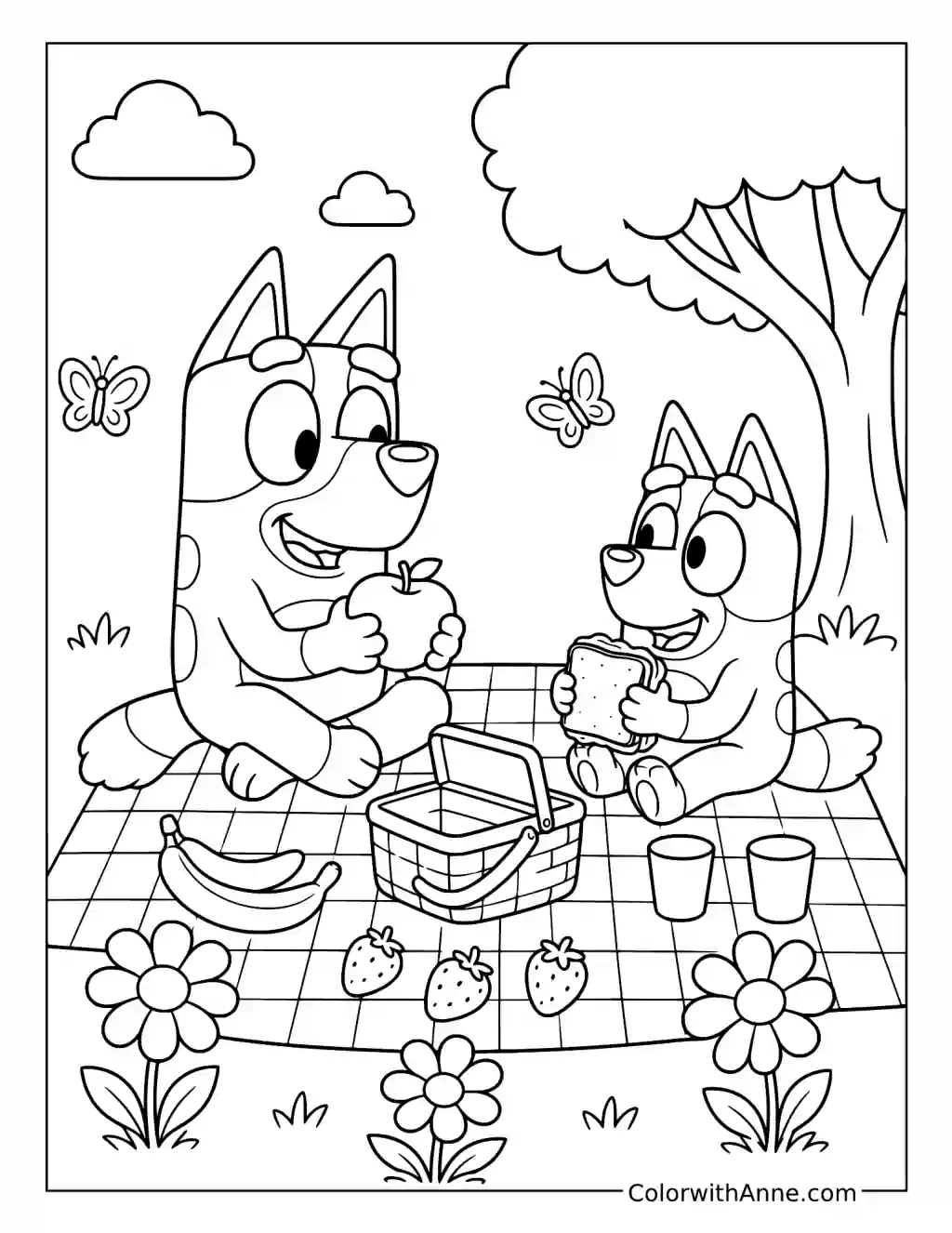 Bluey and Bingo Sharing a Picnic coloring page