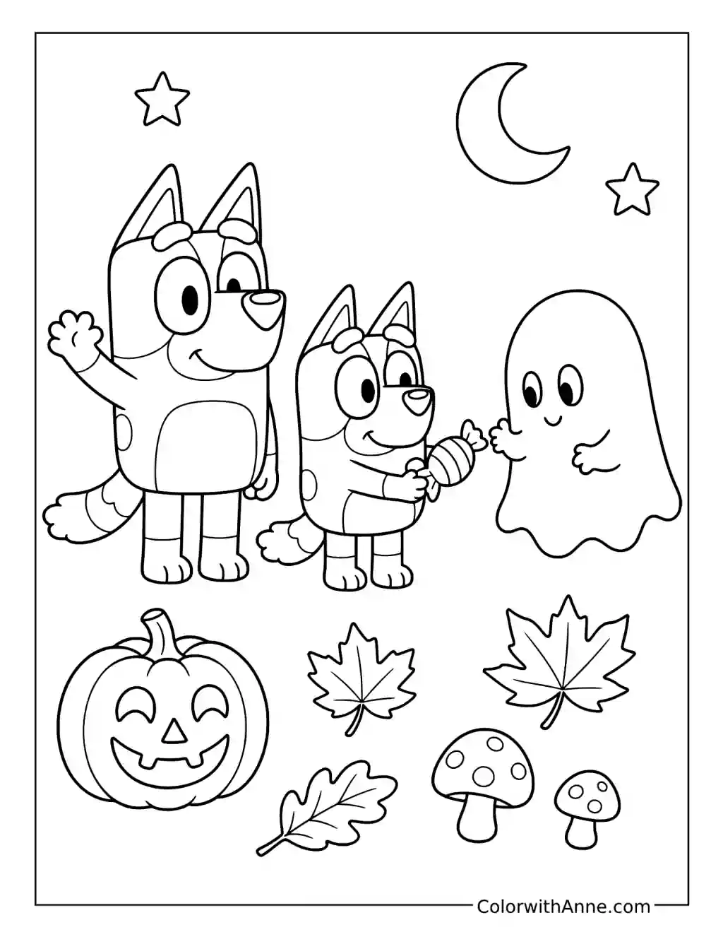 Bluey and Bingo Sharing Candy with a Friendly Ghost coloring page