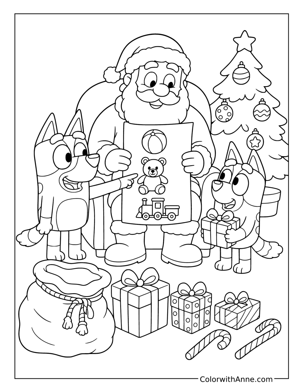 Bluey and Bingo Sharing Their Wish List with Santa coloring page
