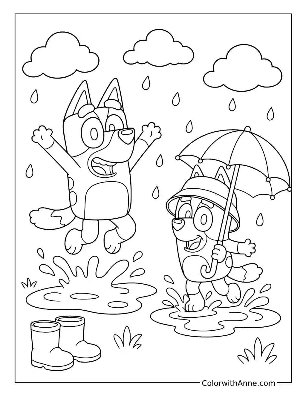 Bluey and Bingo Splashing in Rain Puddles coloring page