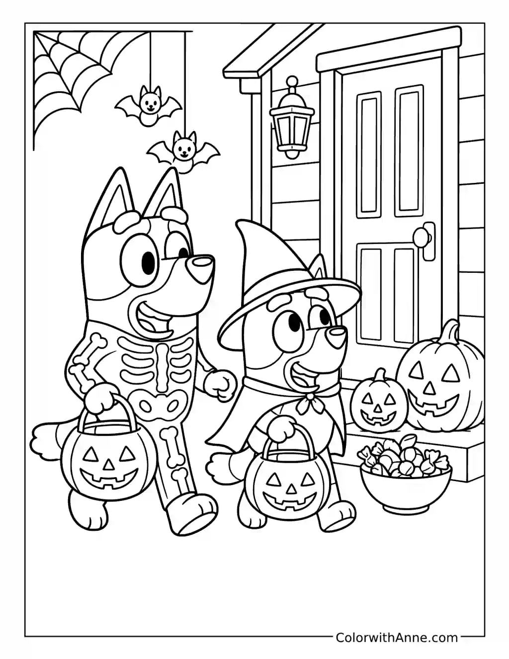 Bluey and Bingo Trick-or-Treating as a Skeleton and Witch coloring page