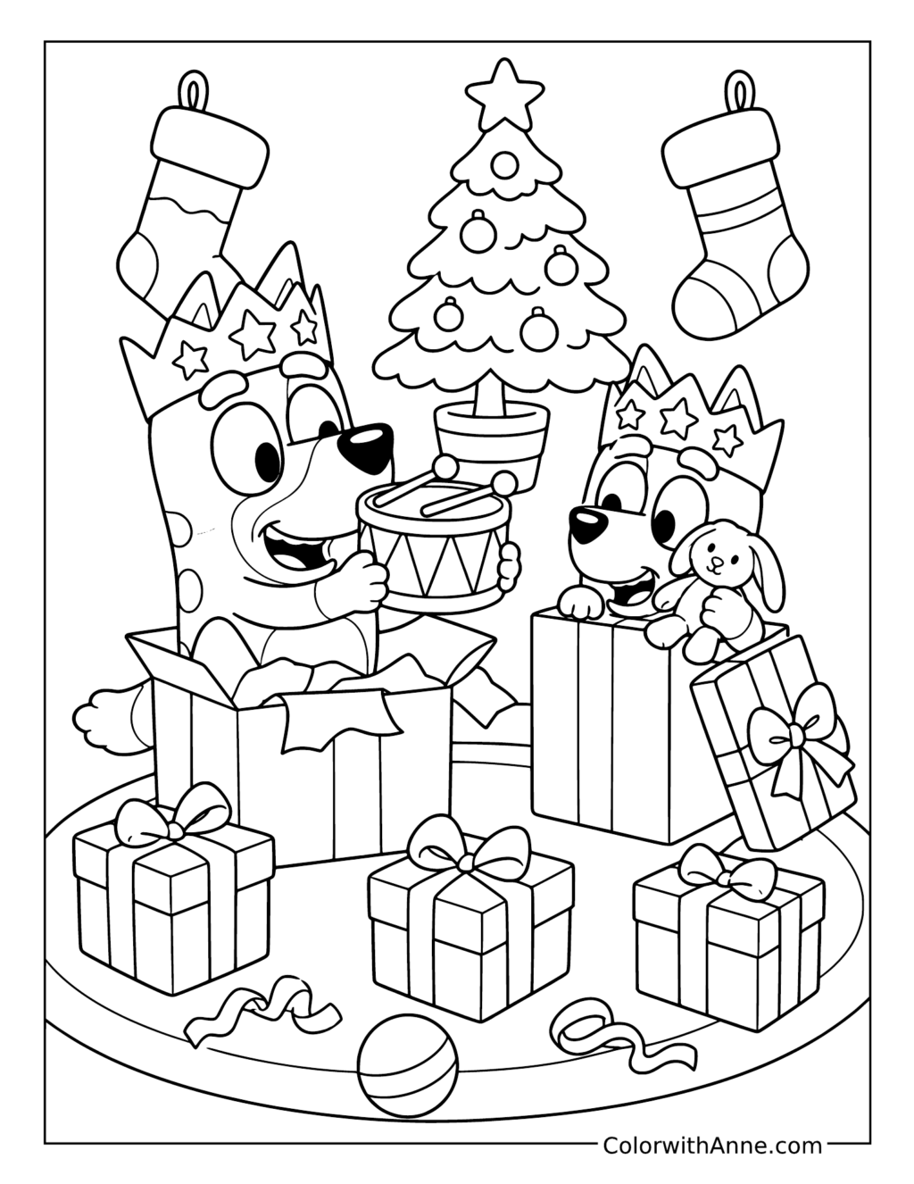 Bluey and Bingo Unwrapping a Drum and Bunny Toy coloring page