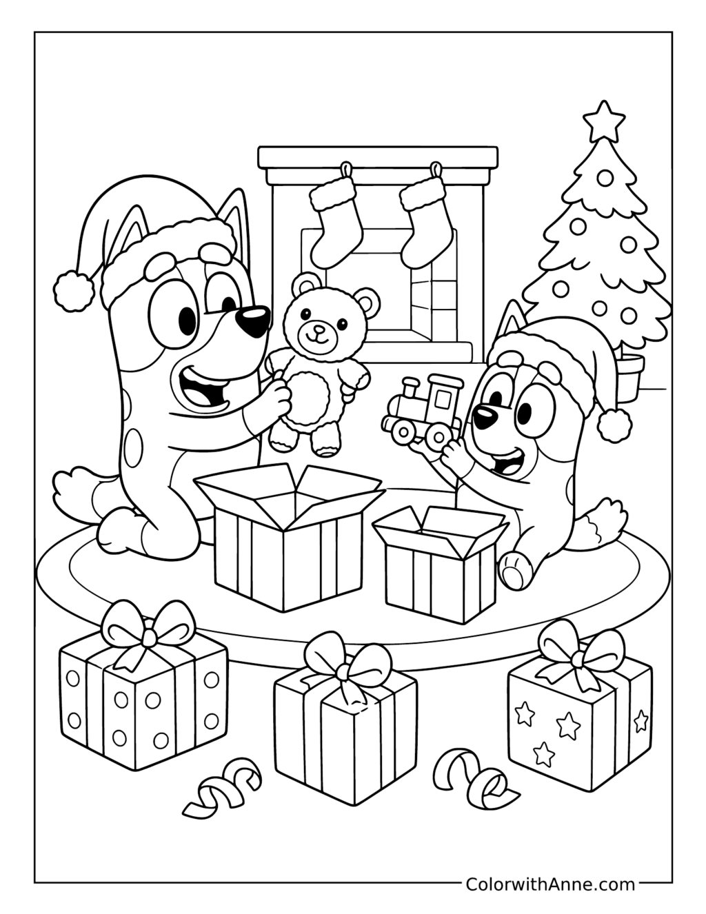 Bluey and Bingo Unwrapping a Teddy Bear and Toy Train coloring page