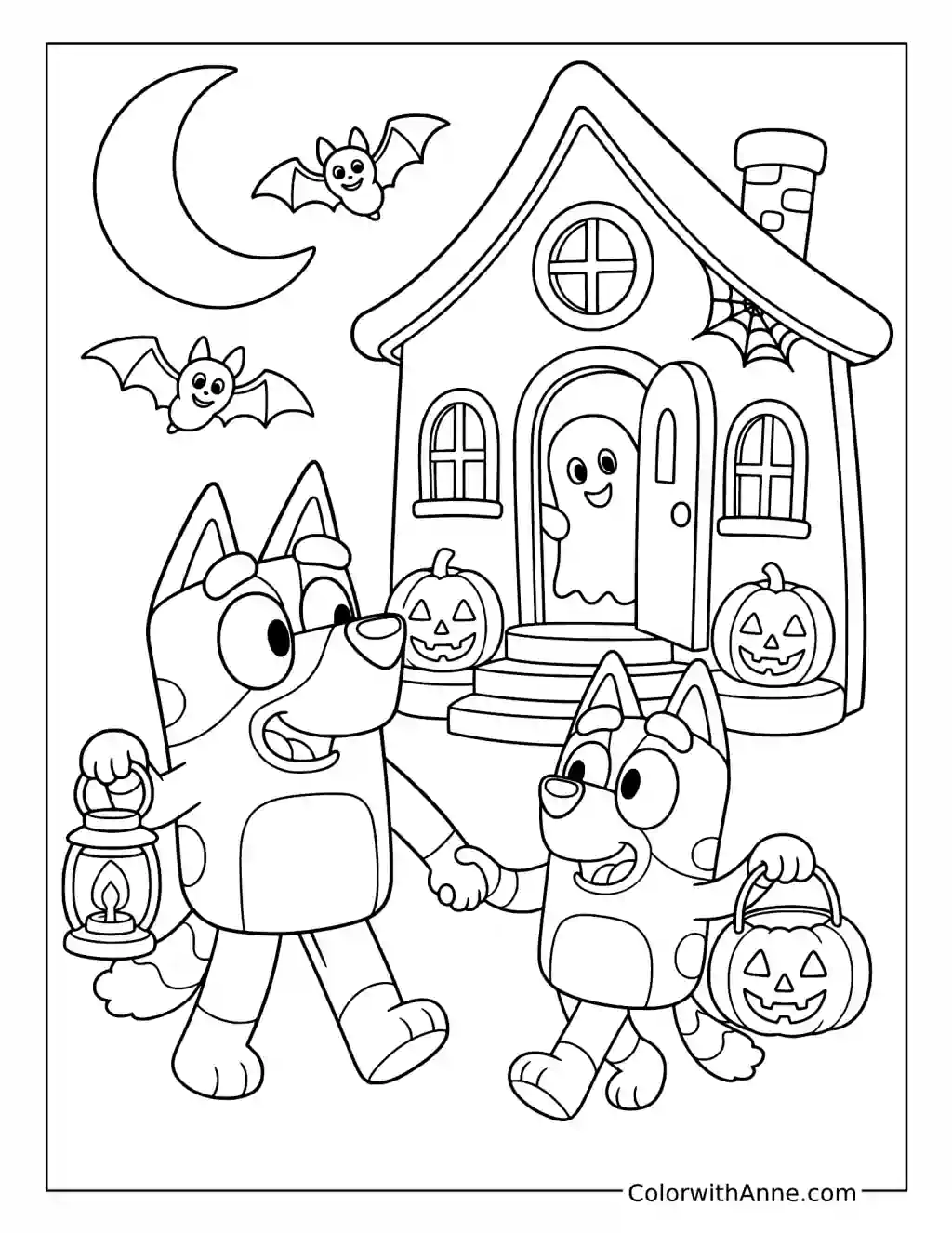 Bluey and Bingo Visiting a Haunted House coloring page