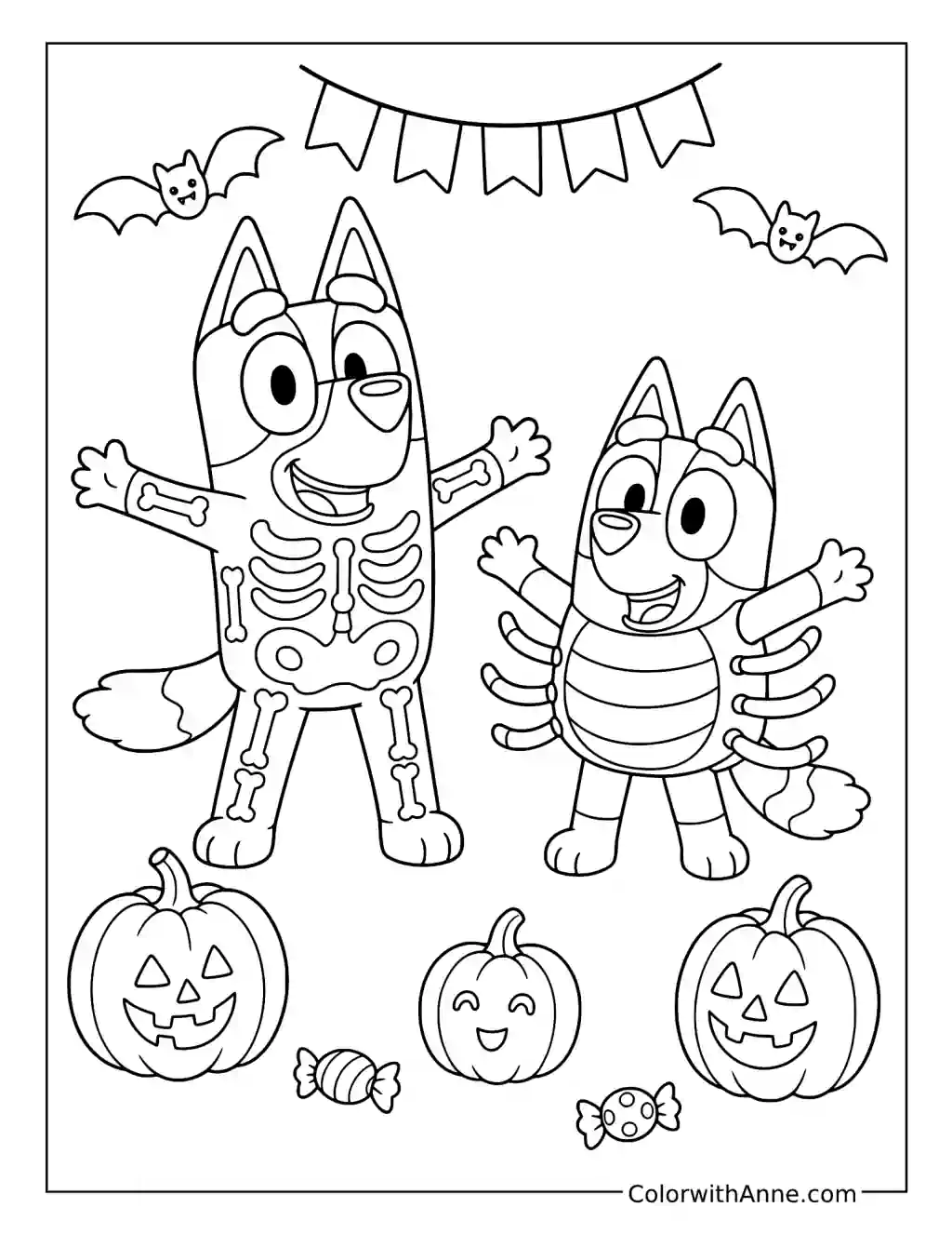 Bluey and Bingo Wearing Skeleton and Spider Costumes coloring page