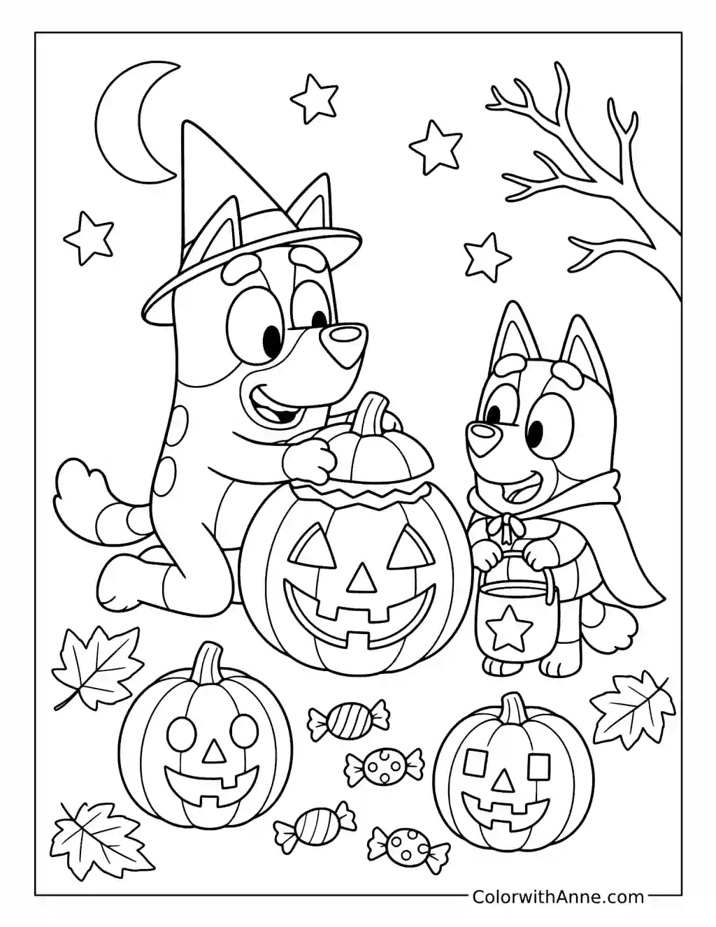 Bluey and Bingo with Halloween Pumpkins and Candy coloring page