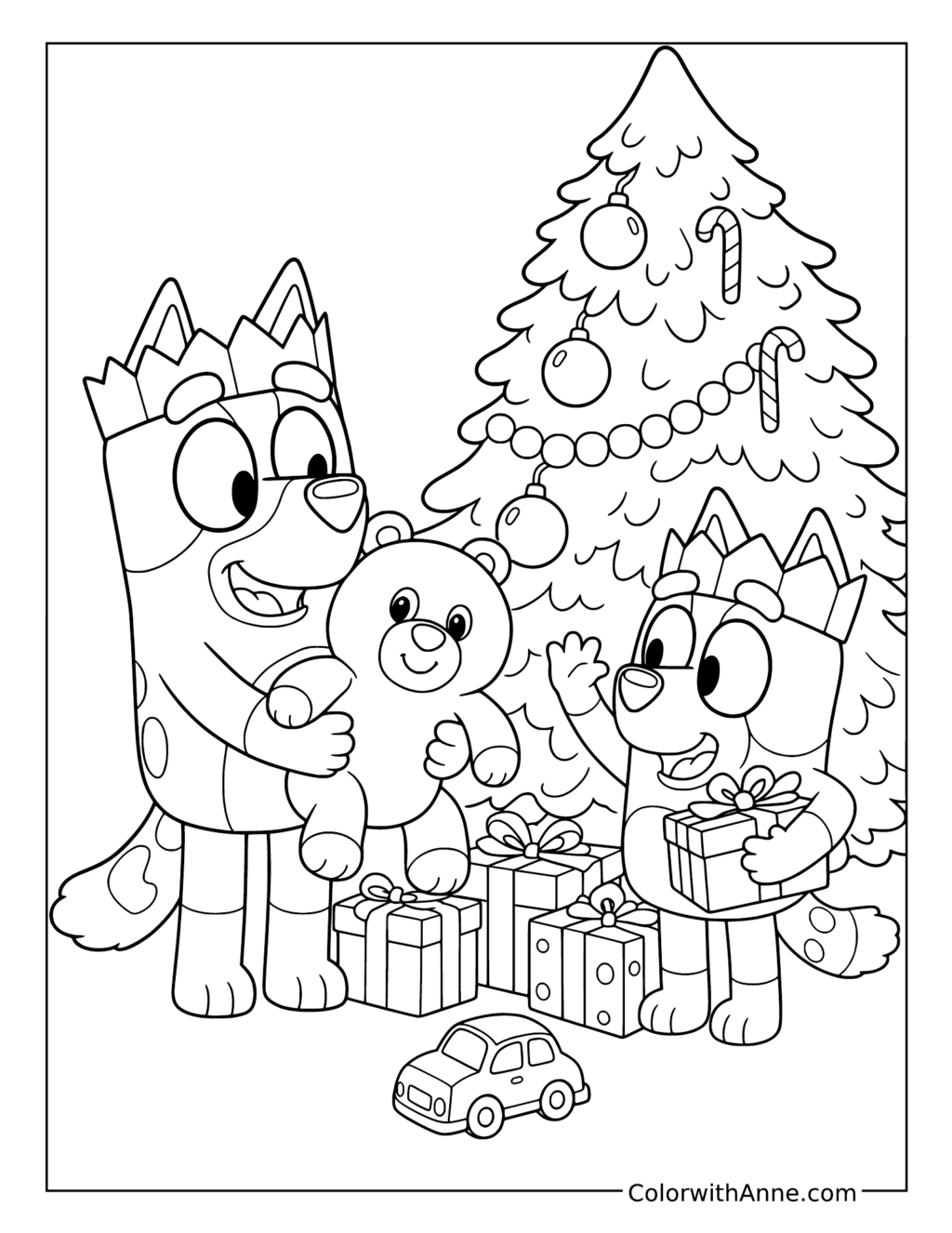 Bluey and Bingo with Paper Crowns and a Teddy Bear coloring page