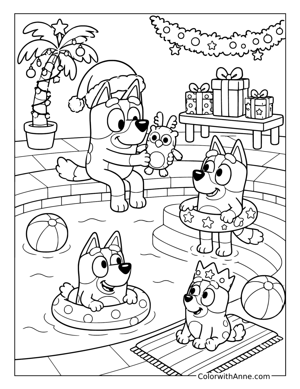 Bluey and Cousins Celebrating Christmas by the Pool coloring page