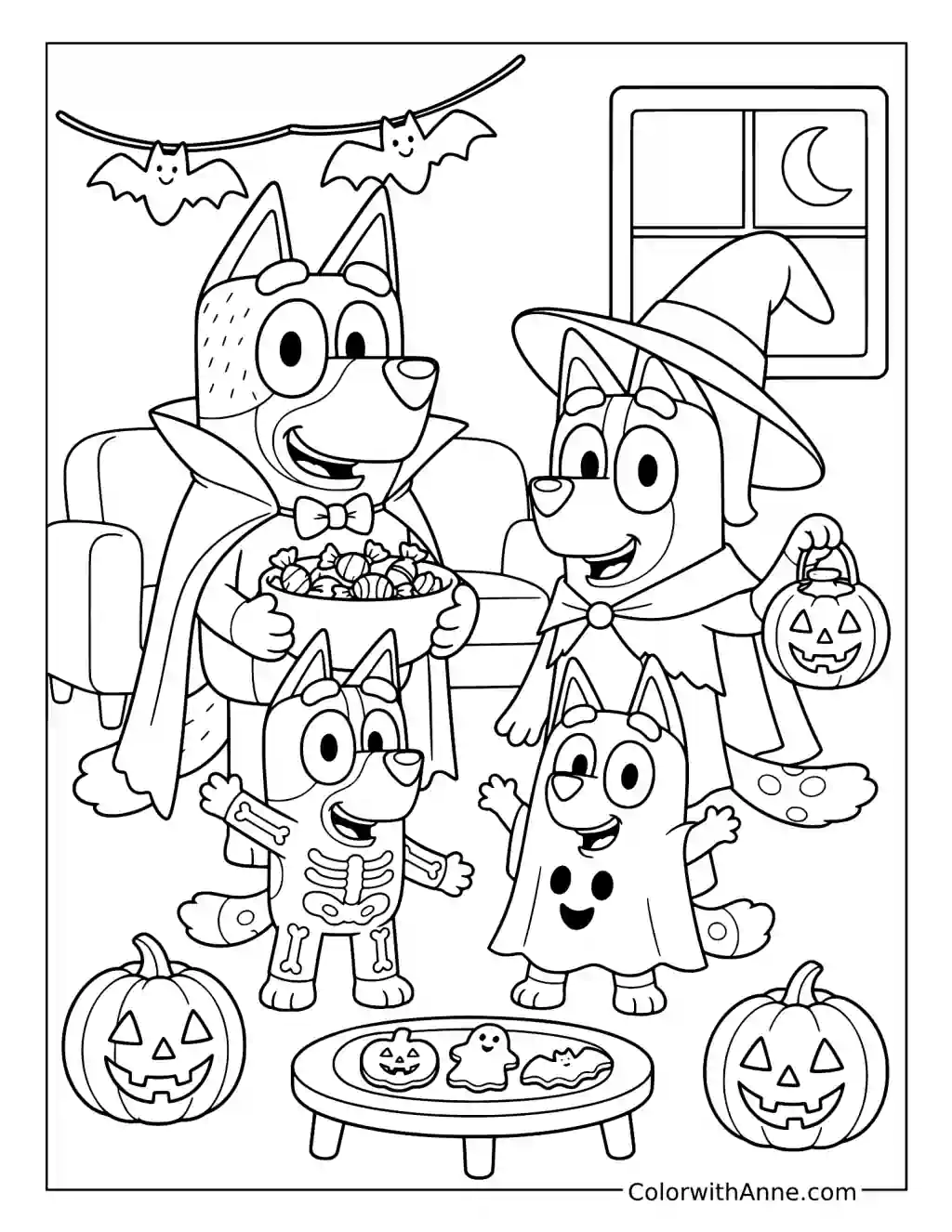 Bluey Bingo Bandit and Chilli at a Halloween Party coloring page