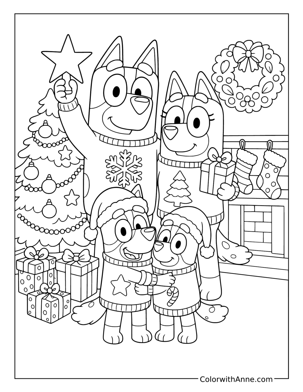 Bluey Bingo Bandit and Chilli in Christmas Sweaters coloring page