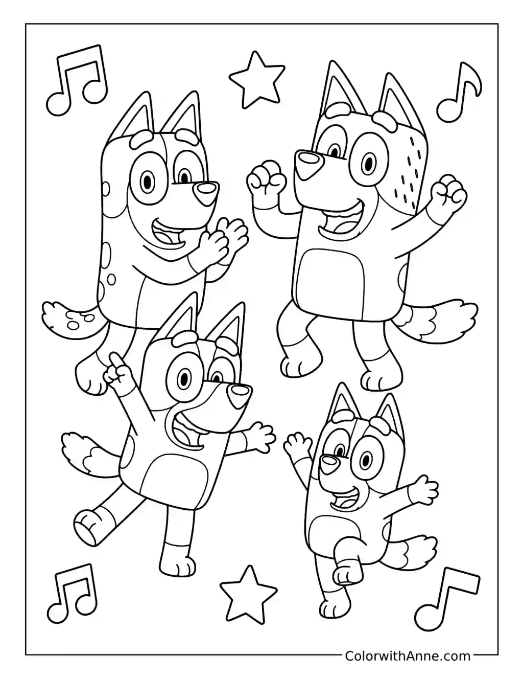 Bluey Bingo Chilli and Bandit Dancing Together coloring page
