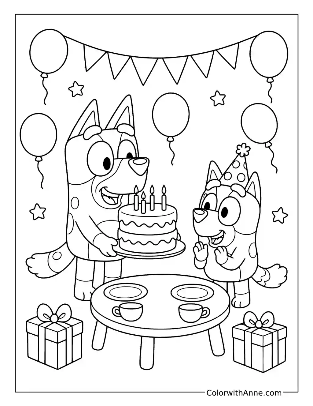 Bluey Bringing Bingo a Birthday Cake coloring page