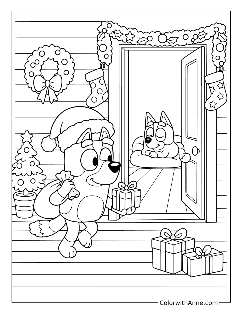 Bluey Delivering a Christmas Present at the Front Door coloring page