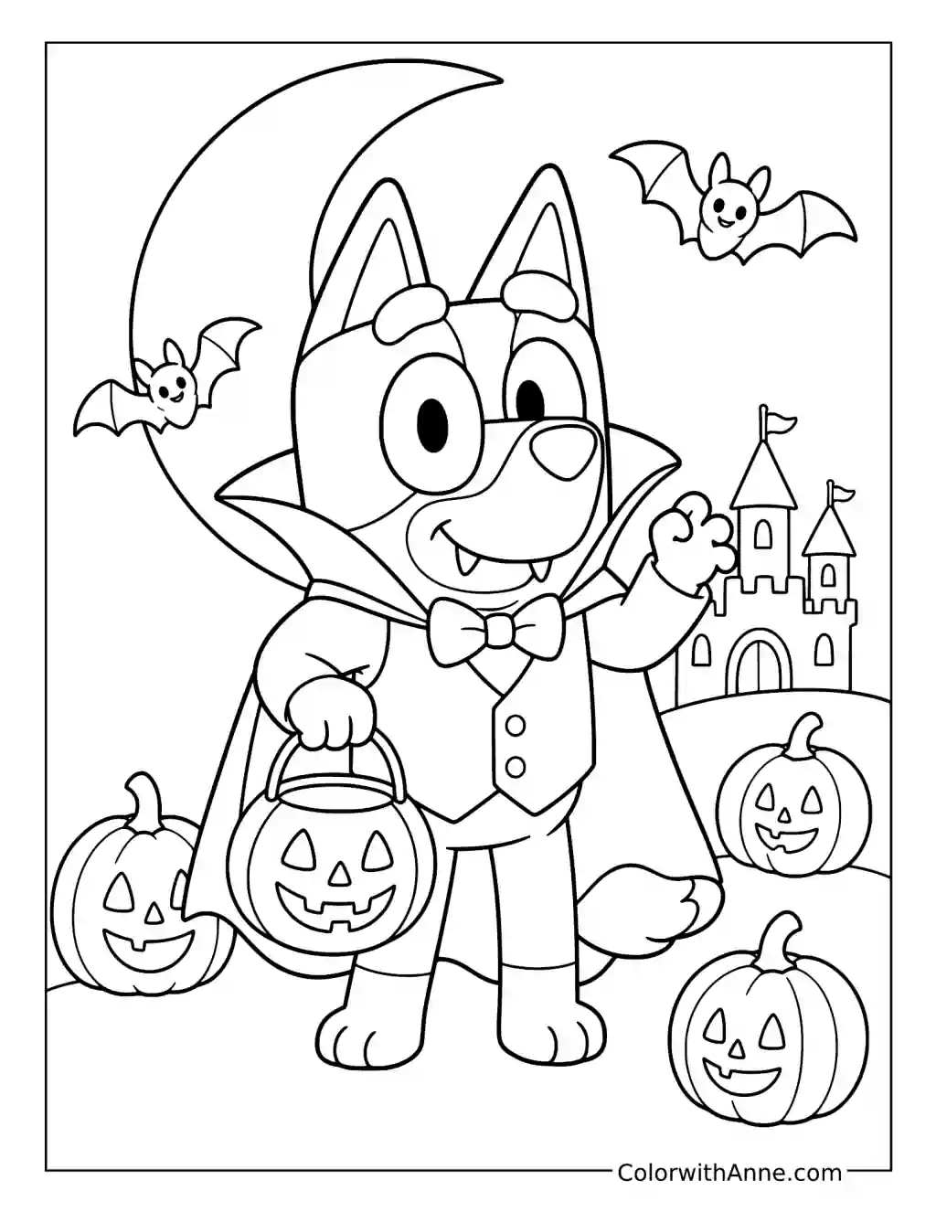 Bluey Dressed as a Vampire with a Pumpkin Bucket coloring page
