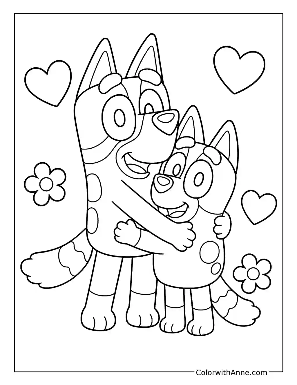 Bluey Hugging Bingo among Hearts and Flowers coloring page