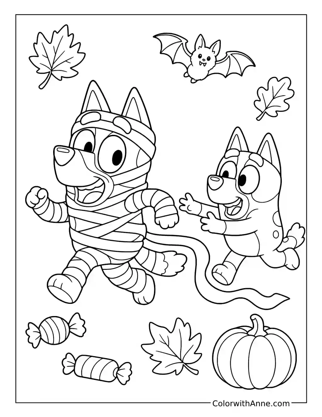 Bluey in a Mummy Costume Chasing with Bingo coloring page
