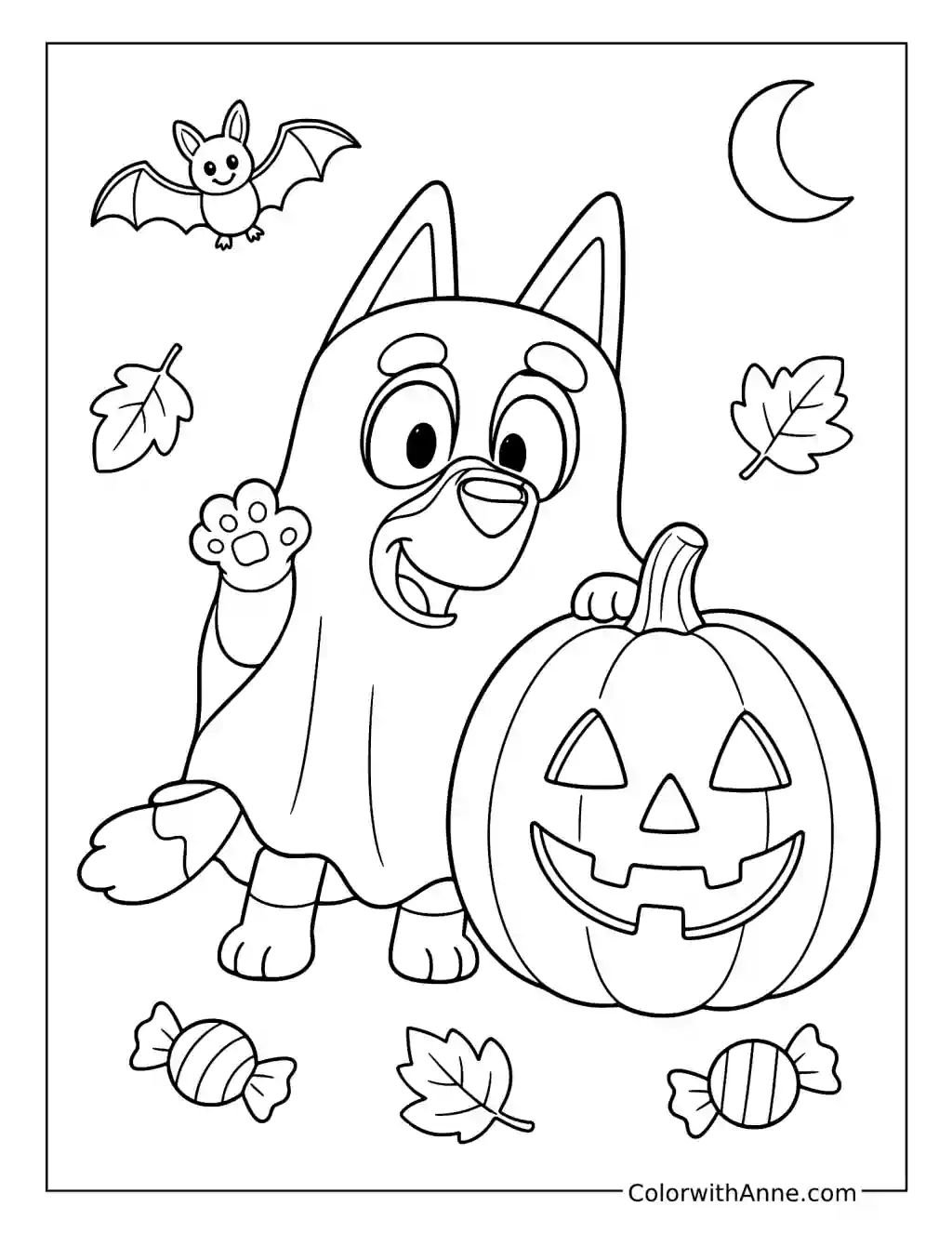 Bluey Wearing a Ghost Costume Beside a Pumpkin coloring page