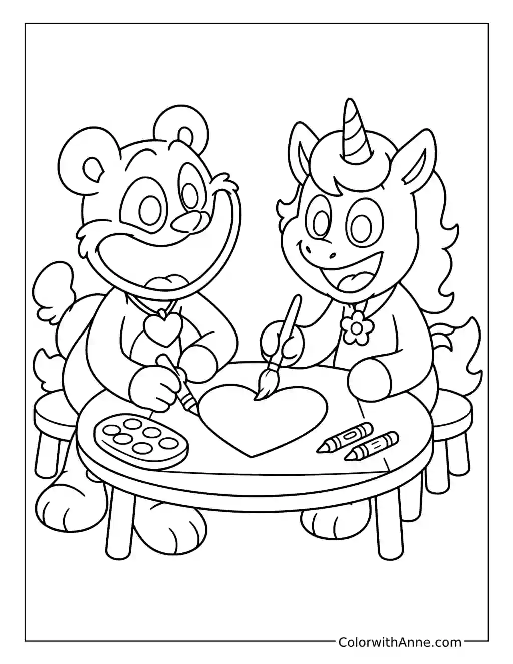 Bobby BearHug and CraftyCorn Heart Craft coloring page