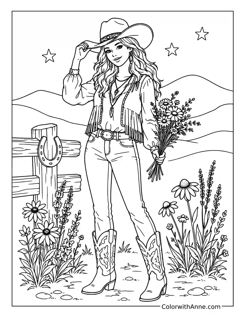 Boho Cowgirl with Wildflowers coloring page