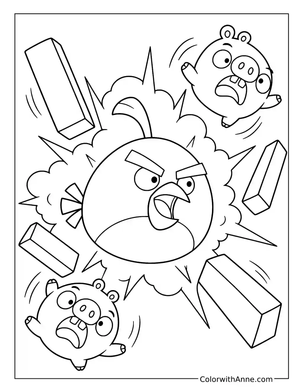 Bomb bursts through scattered wooden blocks as two startled pigs tumble away from the blast.