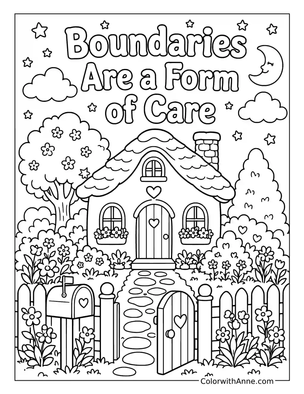 Boundaries Are a Form of Care with a Garden Cottage coloring page