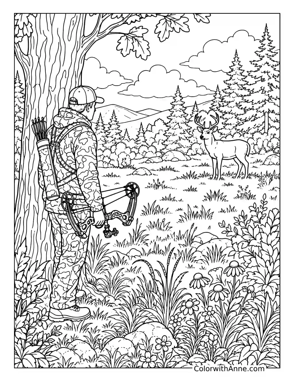 Bow Hunter Watching a Deer coloring page