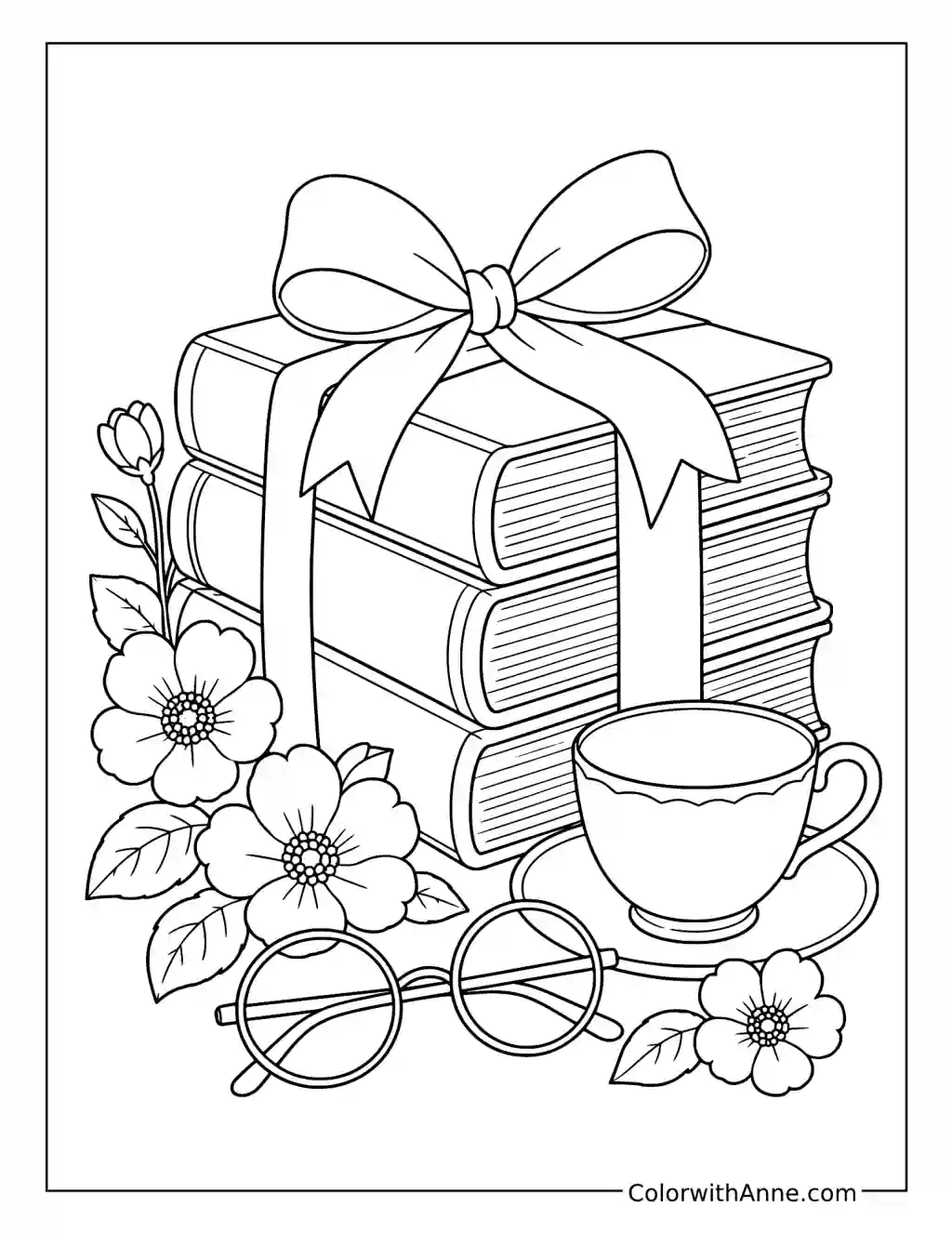 Bow-Tied Stack of Books coloring page