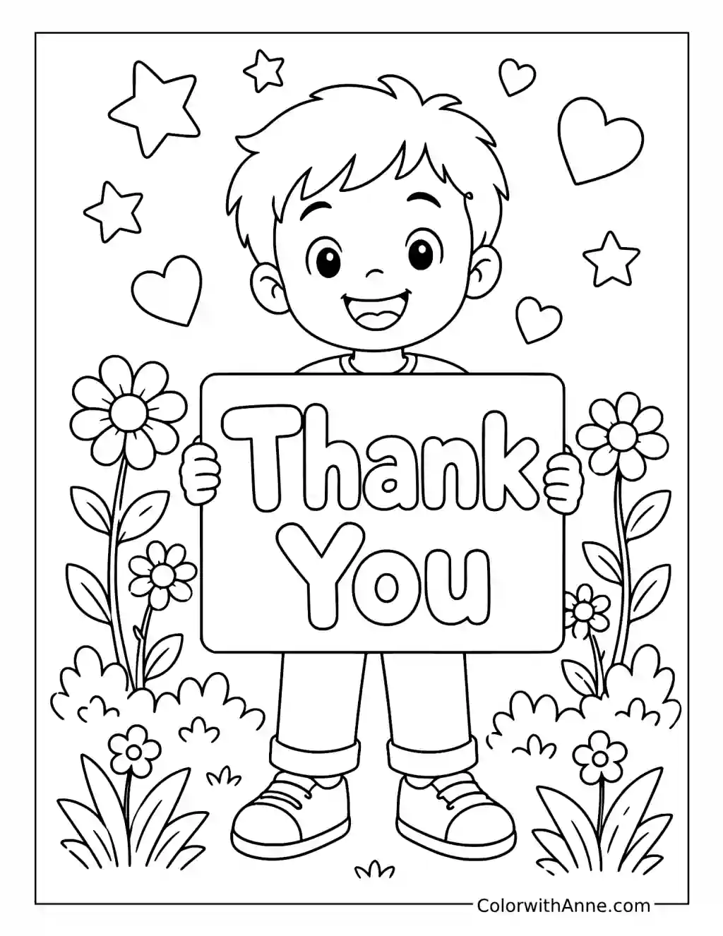 Boy Holding Thank You Sign in Garden coloring page