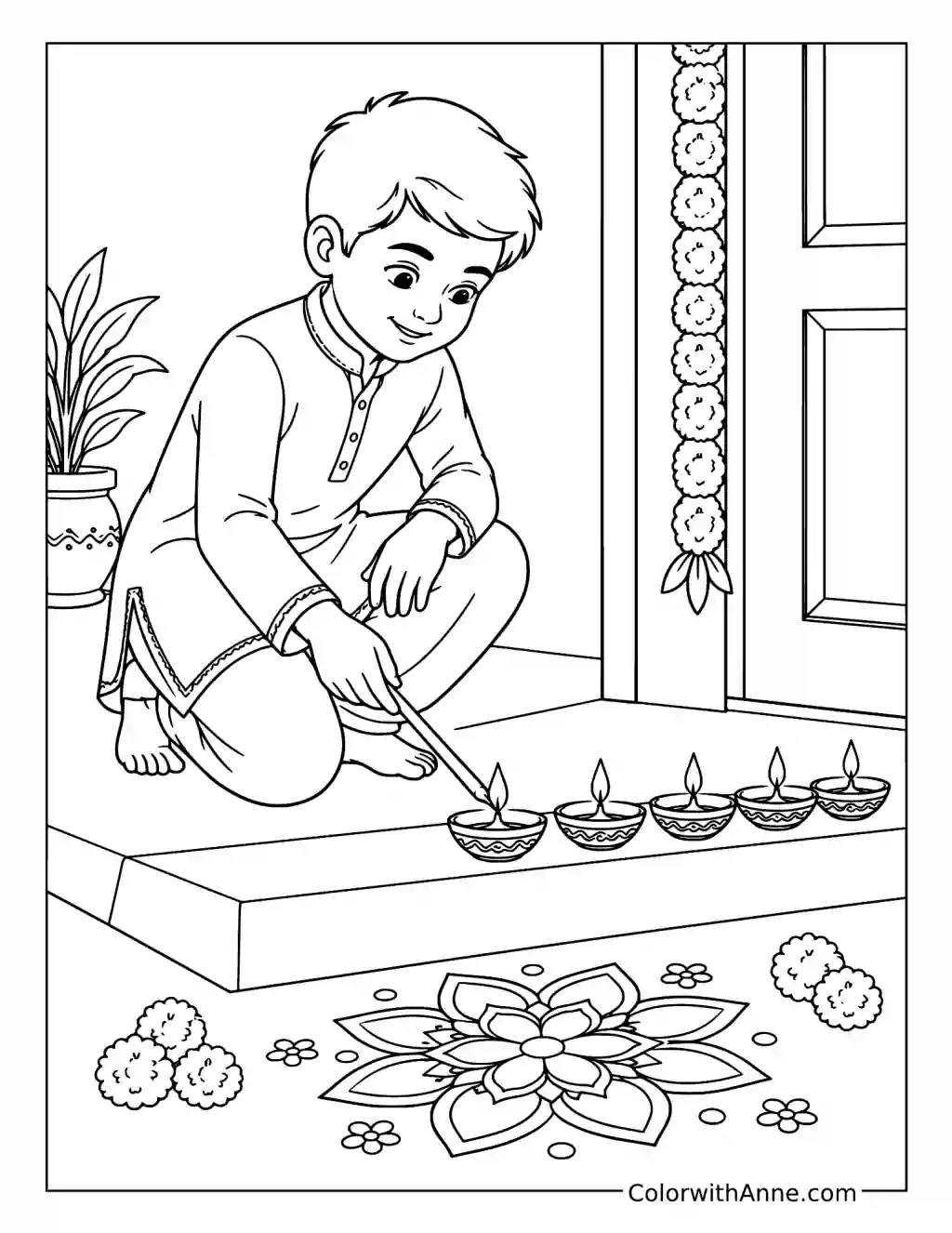 Boy Lighting Diwali Diyas coloring page