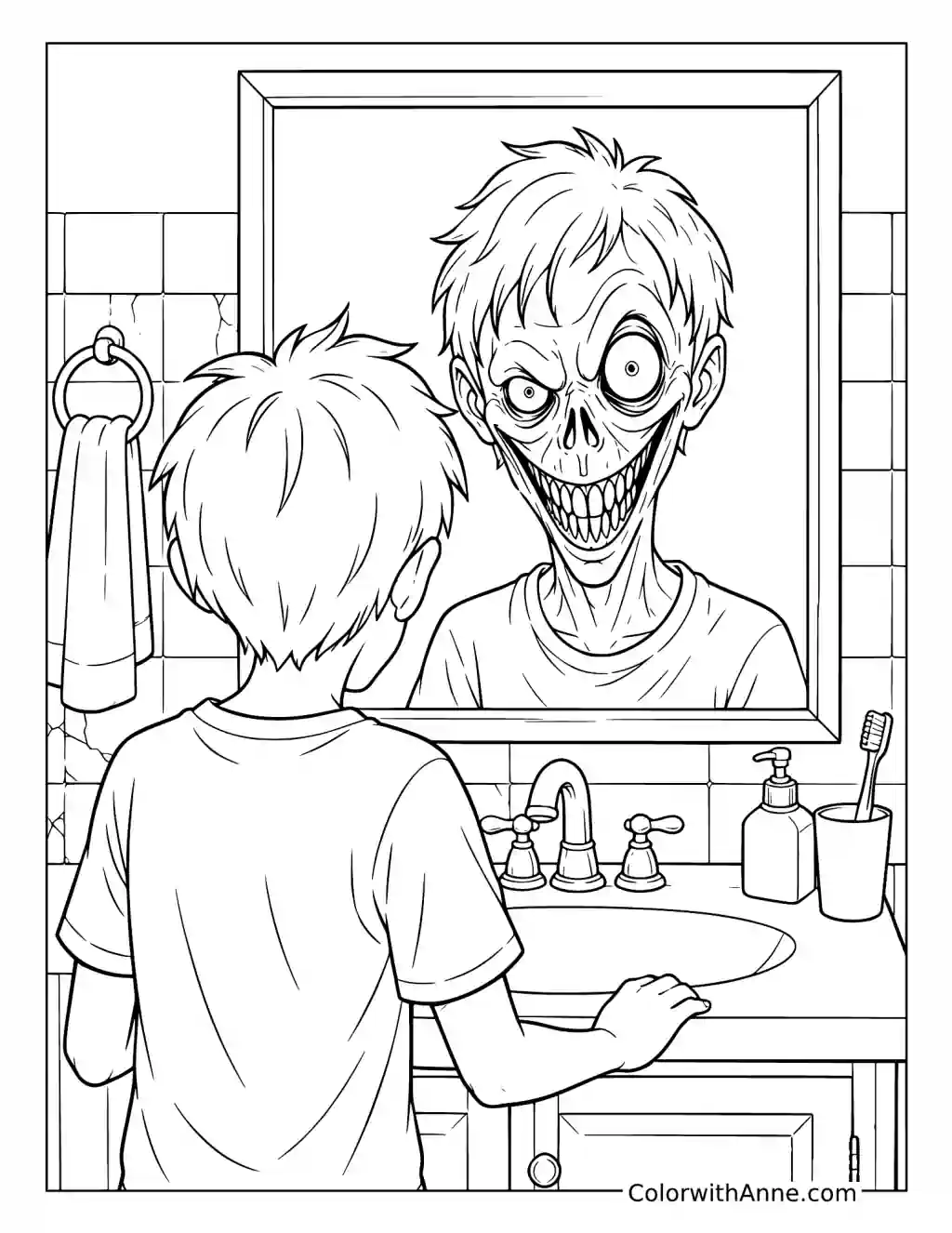 Boy Seeing a Zombie Reflection in a Mirror coloring page