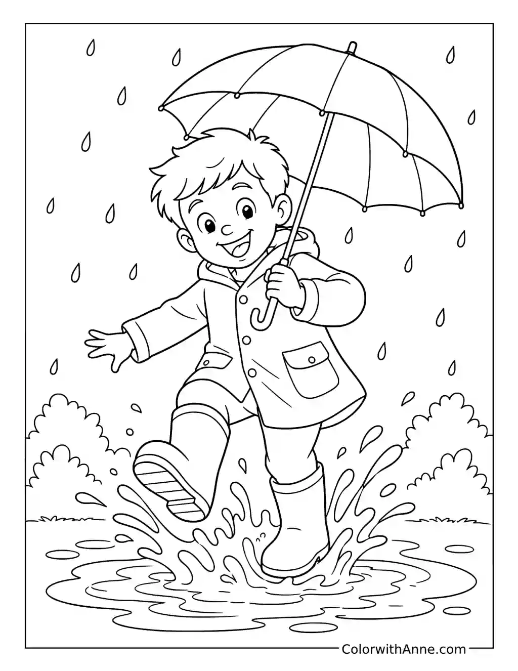 Boy Splashing in Rain with Umbrella coloring page