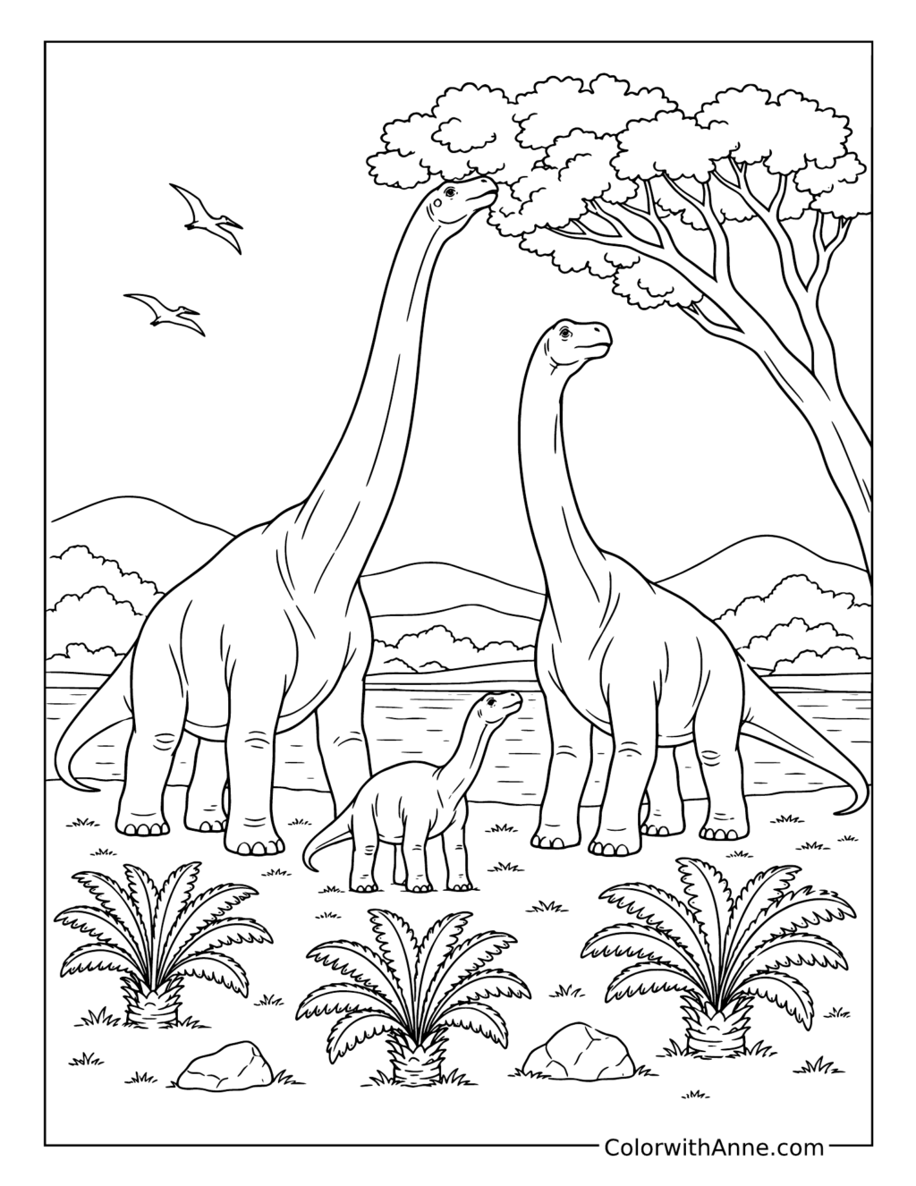Brachiosaurus Family by a Lake coloring page