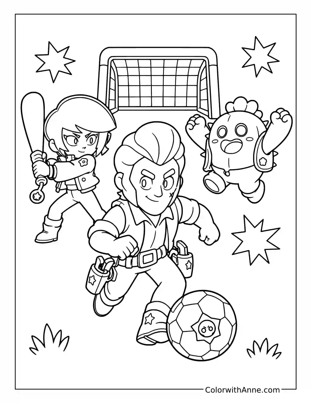 Brawl Stars Colt Bibi and Spike Playing Brawl Ball coloring page