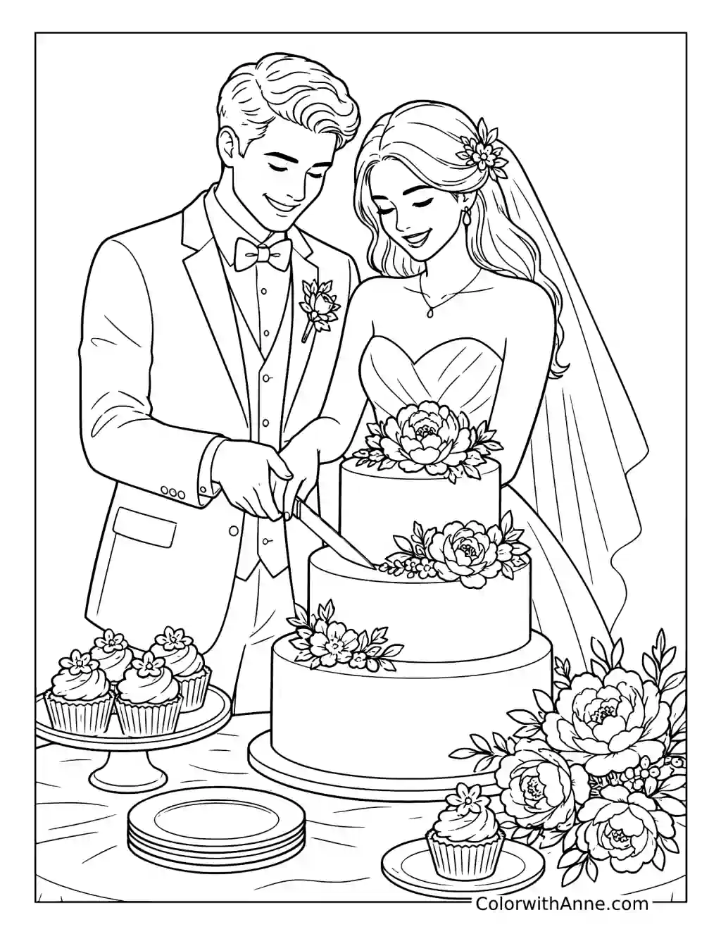 Bride and Groom Cut the Cake coloring page