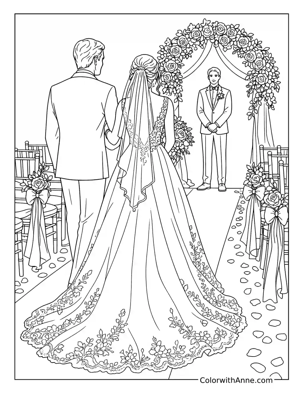 Bride and Parent Approach the Floral Arch coloring page