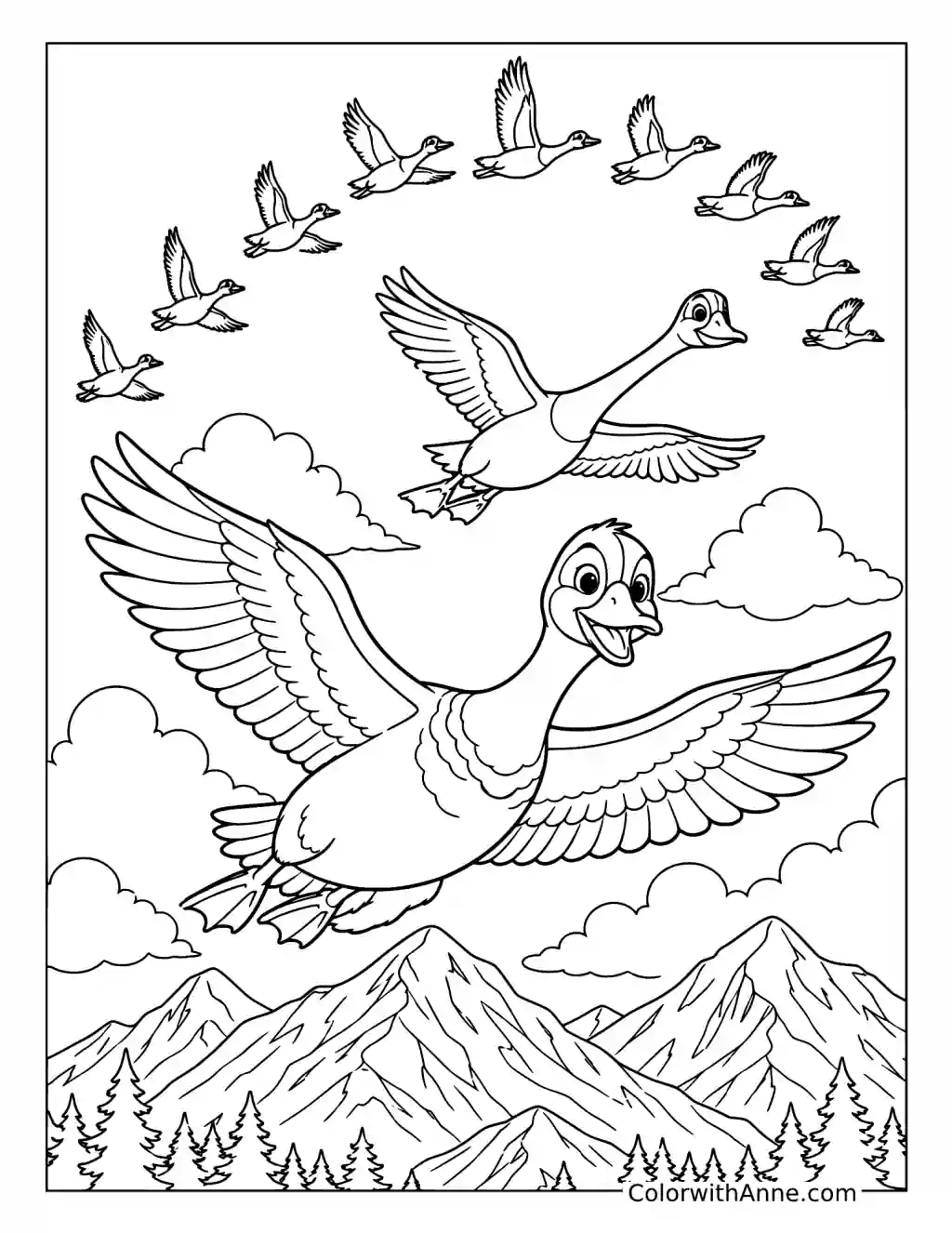 Brightbill Flying with the Goose Migration coloring page