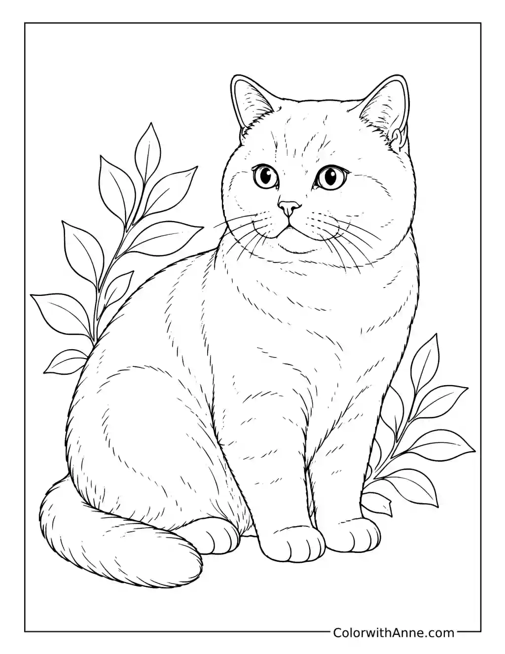 British Shorthair Cat with Leaves coloring page