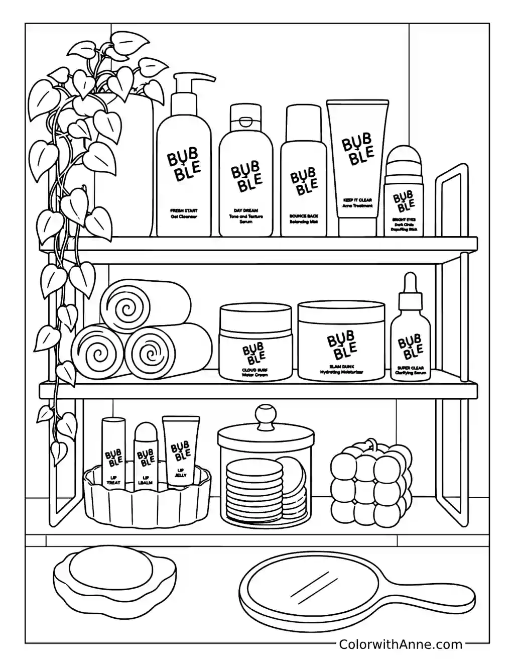 Bubble Skincare Shelfie coloring page