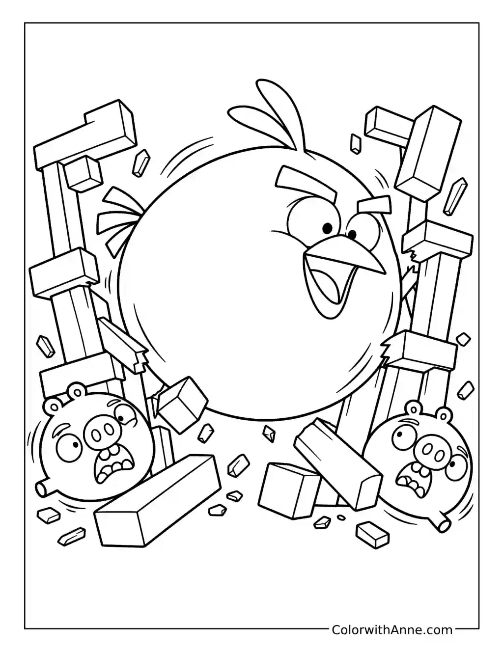 An inflated Bubbles breaks through wooden towers while two surprised pigs fall among the scattered blocks.