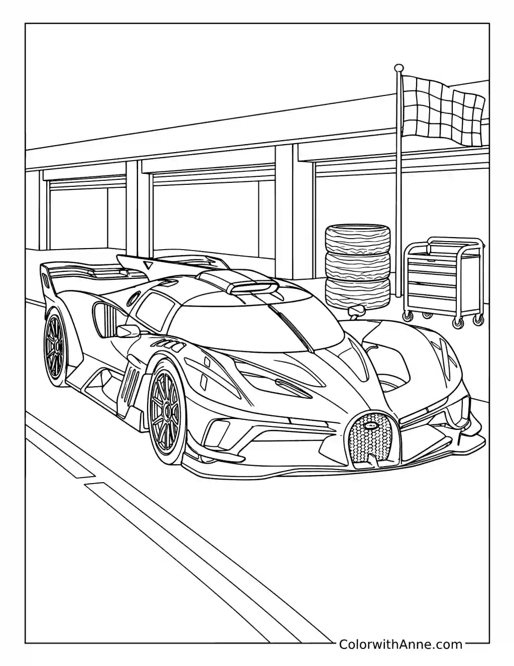 Bugatti Bolide in the Pit Lane coloring page