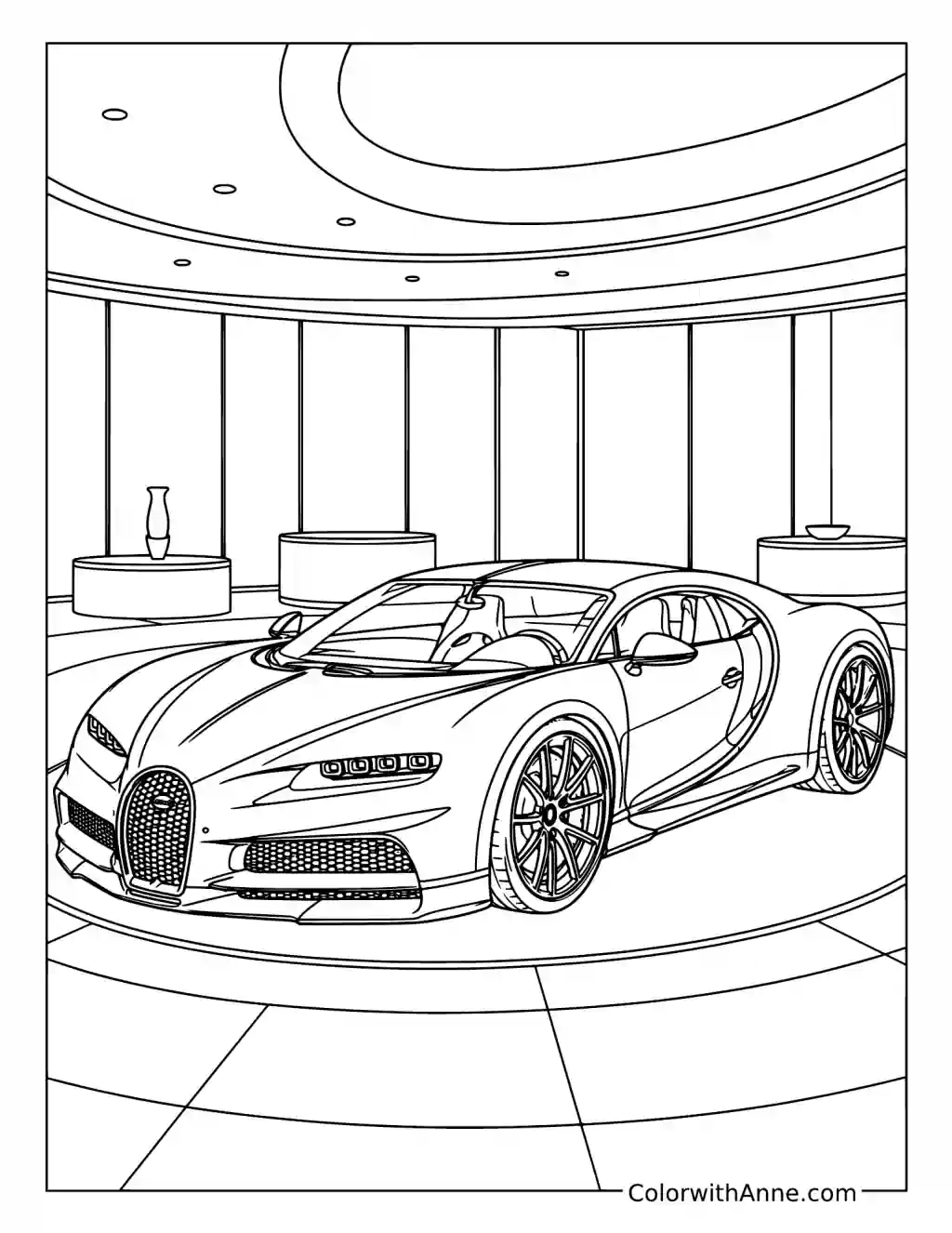 Bugatti Chiron in a Modern Showroom coloring page